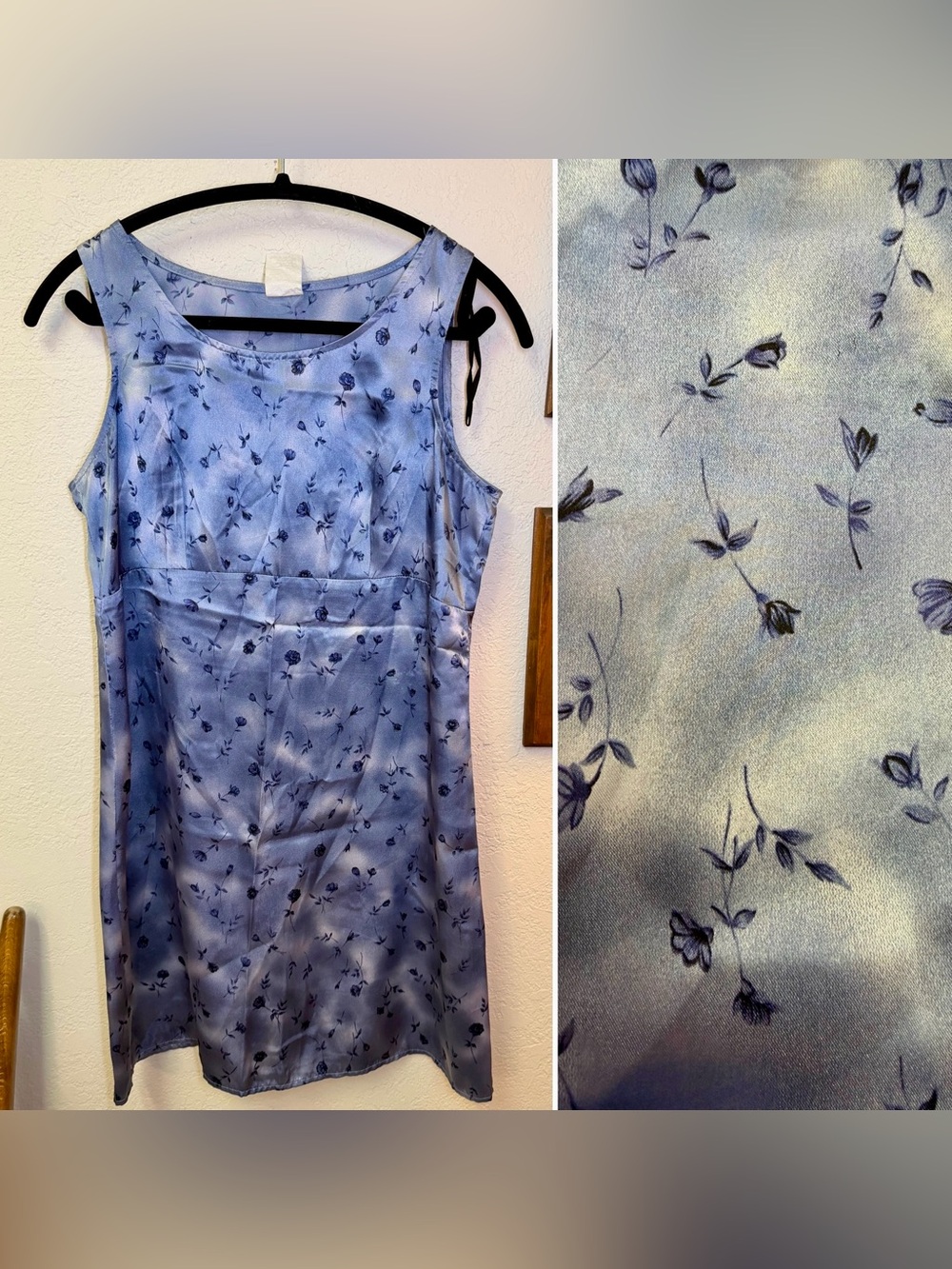 VTG Y2K 90s Cottage Romantic Blue Floral Satin Empire Bust Sleeveless Dress 5/6